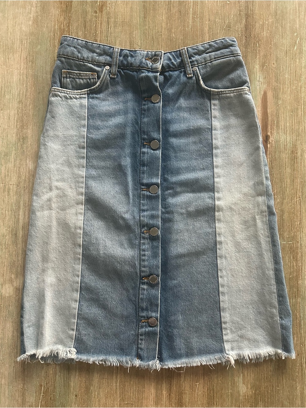 Mango Two-Tone Patchwork Blue Button-Front Denim Skirt, XS